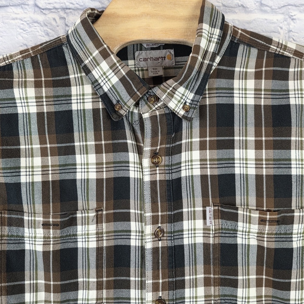 Carhartt Men Brown Relaxed Flannel Plaid Button Long Sleeve Shirt Size 2XL‎ TALL